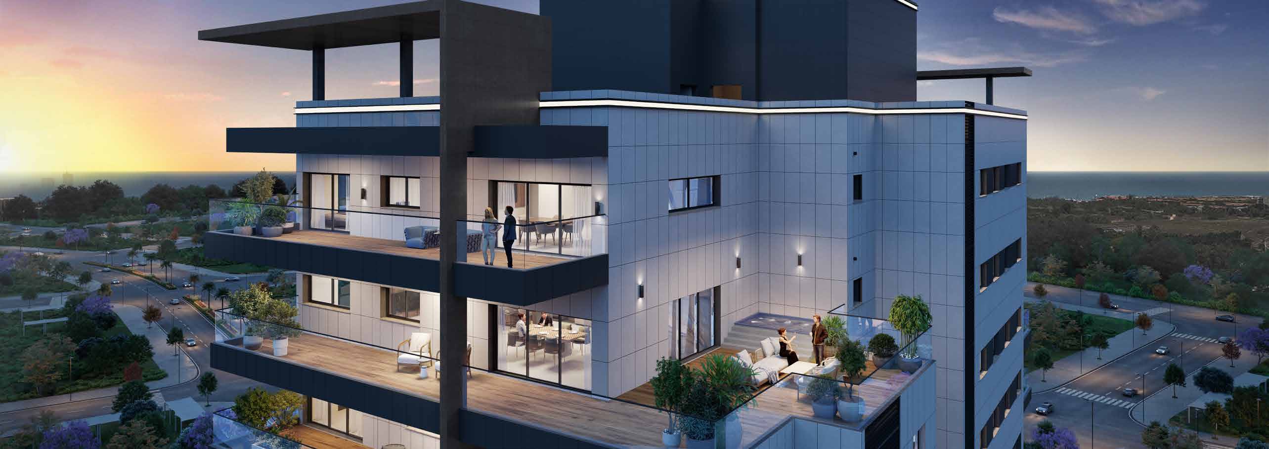 Netanya U — penthouse terrace at sunset with sea views